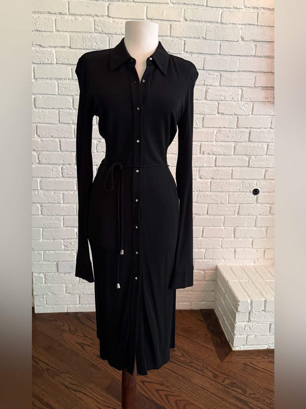 Diane Von Furstenberg Black Long-Sleeve Shirt Dress with Tie Waist